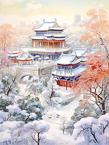 冬季中国建筑淡水彩画11插画图片