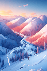 雪景连绵山峰冬天手绘插画