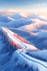 冬天连绵山峰雪景手绘插画