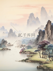 画卷插画图片_山水画卷雾山流水宁静大气2插画素材