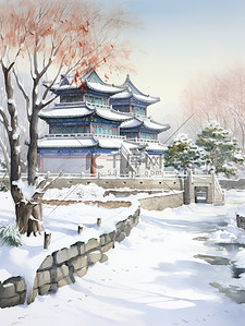 冬季中国建筑淡水彩画15插画