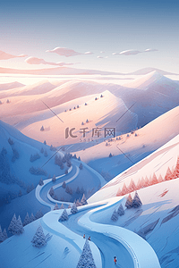 冬天日出插画图片_雪景连绵山峰手绘冬天插画