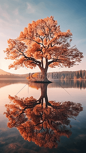 大树倒影湖面潘通流行色彩色彩趋势插画