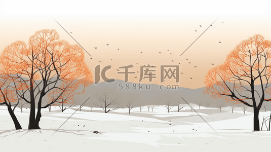 野插画图片_冬季天野雪地枯树插画11