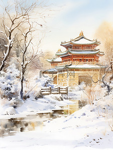 淡水海绵插画图片_冬季中国建筑淡水彩画17素材