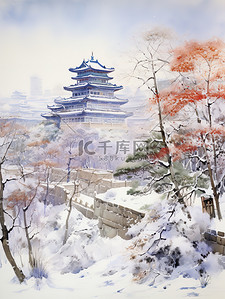 冬季中国建筑淡水彩画16图片