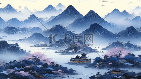 靛蓝色边框插画图片_靛蓝色调山水画中国风12插图