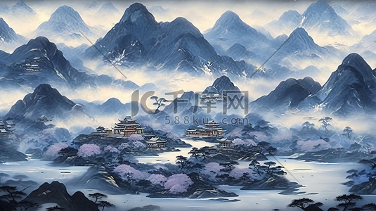 靛蓝画布插画图片_靛蓝色调山水画中国风16图片