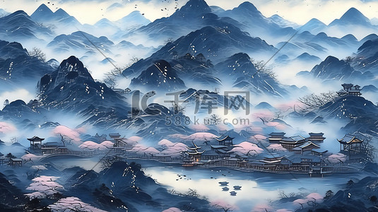 靛蓝色调山水画中国风3插画海报