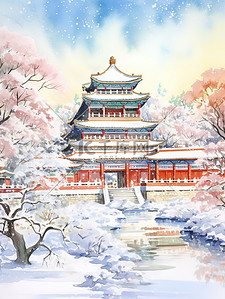冬季中国建筑淡水彩画20插画海报