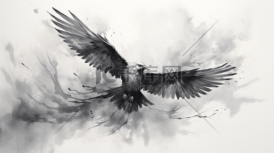 黑色的翅膀插画图片_黑色飞舞的水墨鸟插画14