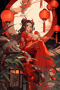 新年女孩灯笼手绘插画中国风