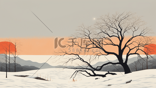 冬季天野雪地枯树插画7