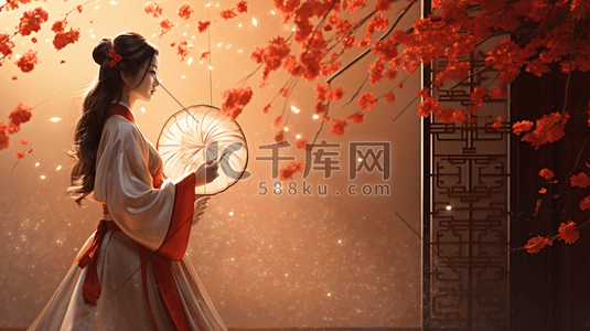 红色中国风美女花树插画4