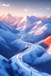 冬天日出插画图片_连绵山峰冬天雪景手绘插画