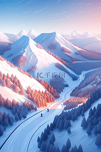 冬天插画雪景连绵山峰手绘