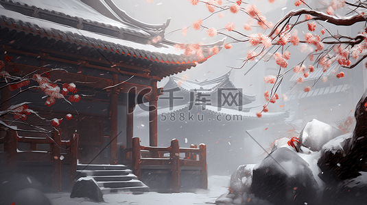 中古风梅花插画图片_古风中国风建筑积雪雪景插画3