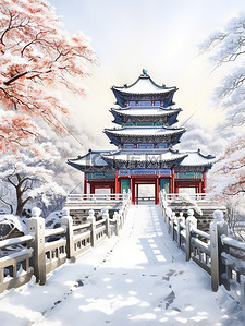 冬季中国建筑淡水彩画1素材