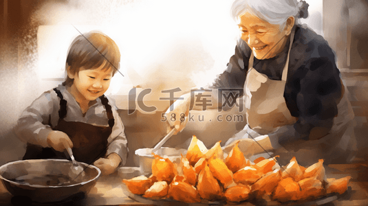 小朋友和奶奶一起蒸红薯插画3