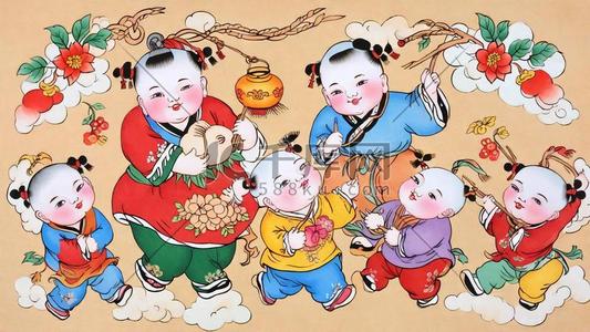 年画插画图片_国风传统新年民俗年画娃娃矢量插画