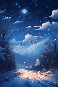 山峰夜晚插画图片_手绘冬天唯美雪景夜晚插画