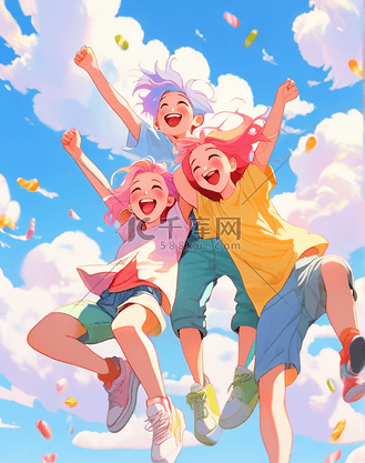 女孩男孩跳跃喜悦开心快乐插画唯美