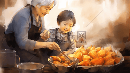 小朋友和奶奶一起蒸红薯插画4
