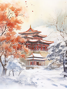 冬季中国建筑淡水彩画18插图