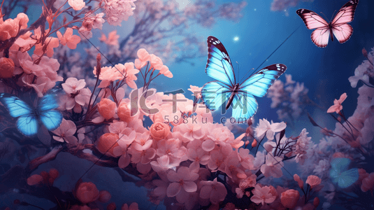 花朵上的插画图片_粉色盛开花朵上的蝴蝶插画16