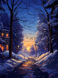 夜晚的冬天雪卡通风格1插画设计