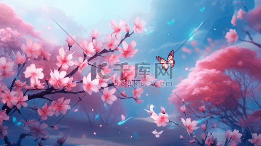 粉色盛开花朵上的蝴蝶插画19