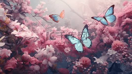 花朵上的插画图片_粉色盛开花朵上的蝴蝶插画28