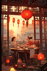 中式喜庆海报插画图片_团圆新年灯笼团聚插画海报