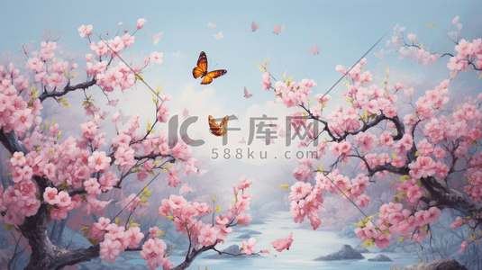 粉色盛开花朵上的蝴蝶插画14