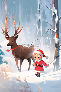可爱麋鹿插画图片_可爱孩子驯鹿冬天插画海报