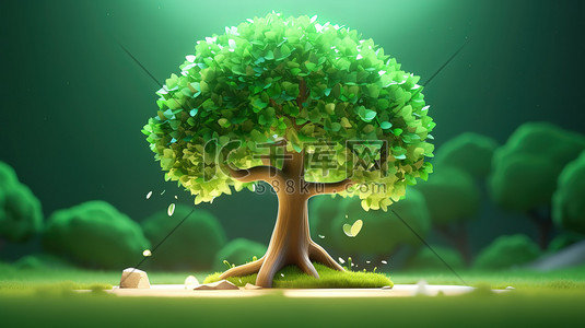3d等距插画图片_绿色的大树3D等距微观场景12原创插画