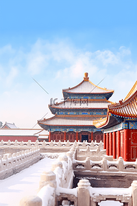 飘图插画图片_冬天雪景故宫建筑摄影图插画海报