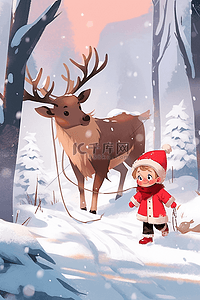 可爱麋鹿插画图片_插画冬天海报可爱孩子驯鹿