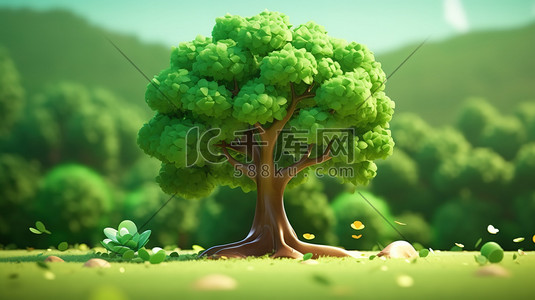 绿色的大树3D等距微观场景15原创插画