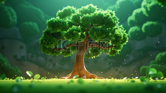 3d等距插画图片_绿色的大树3D等距微观场景5插画素材