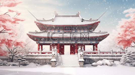 中国风冬季雪景建筑风景插画5