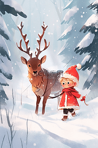 冬天可爱孩子插画海报驯鹿