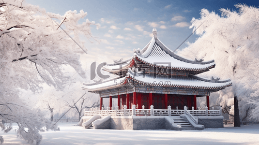 中国风冬季雪景建筑风景插画1