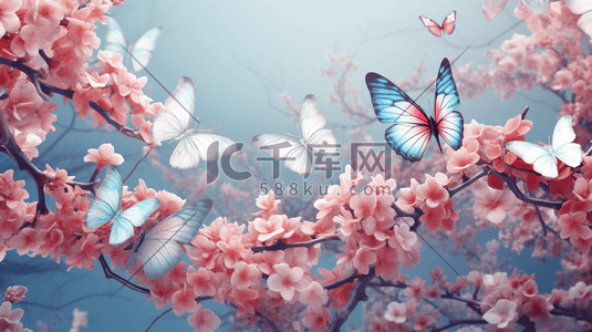 粉色盛开花朵上的蝴蝶插画1