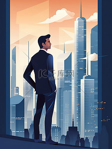 梦想未来插画图片_商人站在现代大城市中2原创插画