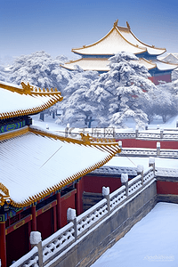 摄影图冬天雪景古代建筑插画
