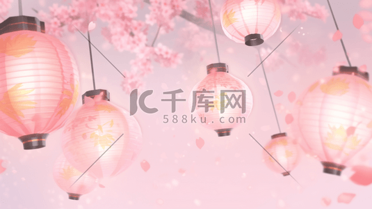 中国风花朵树枝插画图片_粉色装饰中国风灯笼插画4