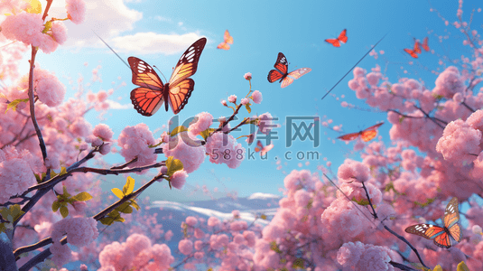花朵上的插画图片_粉色盛开花朵上的蝴蝶插画2