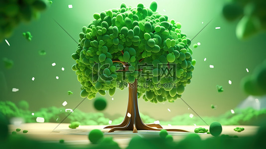 3d等距插画图片_绿色的大树3D等距微观场景17插画