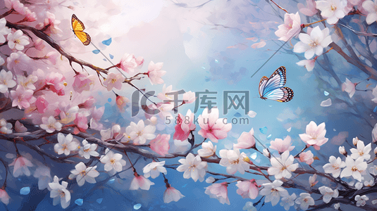 花朵上的插画图片_粉色盛开花朵上的蝴蝶插画9